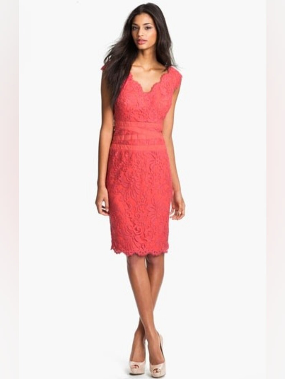 TADASHI SHOJI Red Coral Embroidered Lace Overlay Sheath Party Formal Dress 0